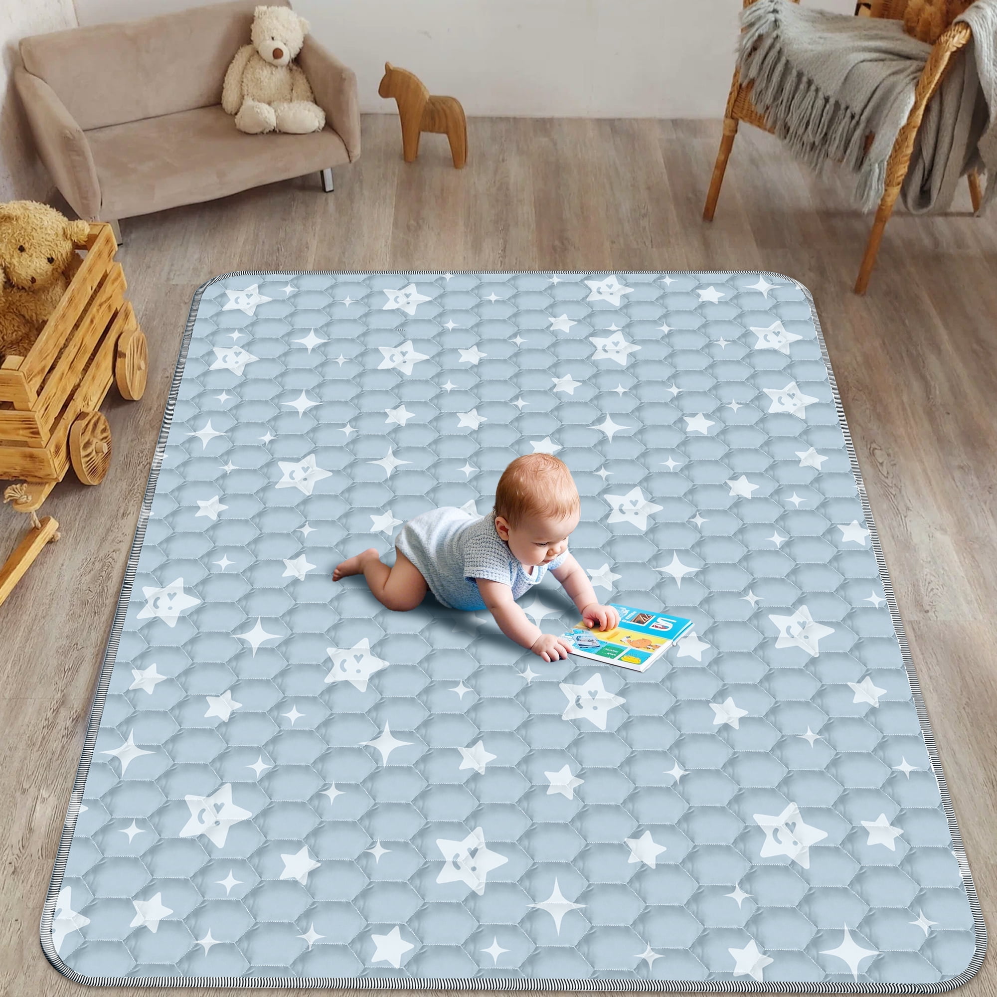 Foldable Baby Play Mat 79in*71in, HDJ Baby Mat for Floor Playpen, Portable Crawling Mat for Babies Toddlers Infants, Blue