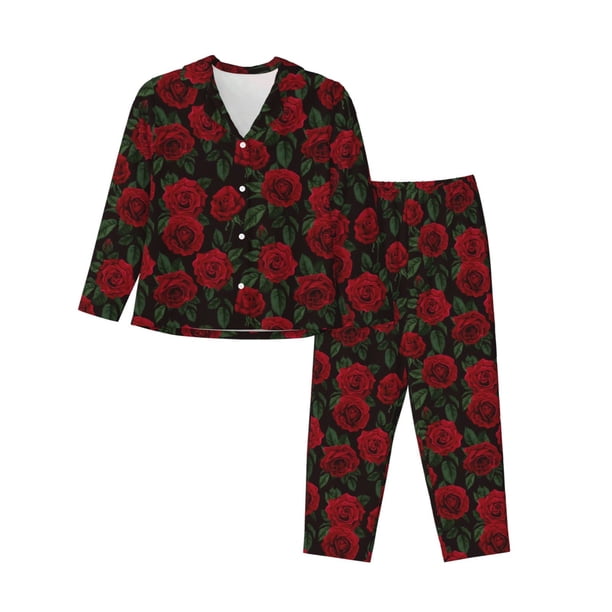 Balery Rose Conjunto de Pijama con Estampado para Mujer, Conjunto de Dos Piezas con Manga Larga, Ropa de Dormir Suave con Bolsillos, Pijamas Cómodos-Small