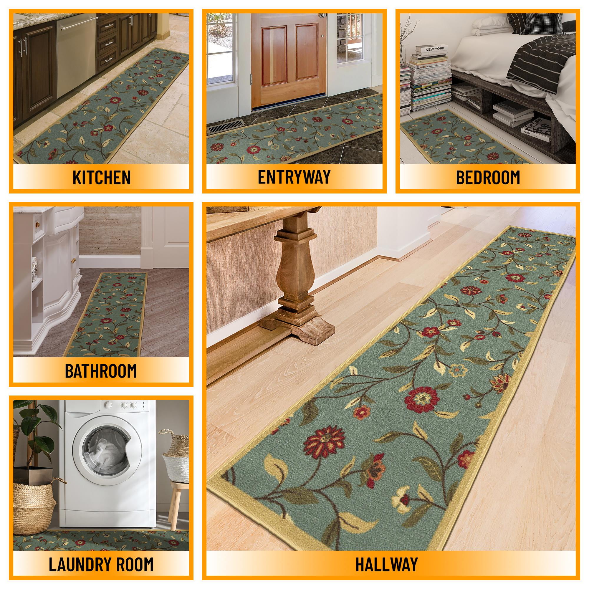 Ottomanson Floral Kitchen Runner Rug 1'10" x 6' - Non Slip Low Pile Carpet, Seafoam Green