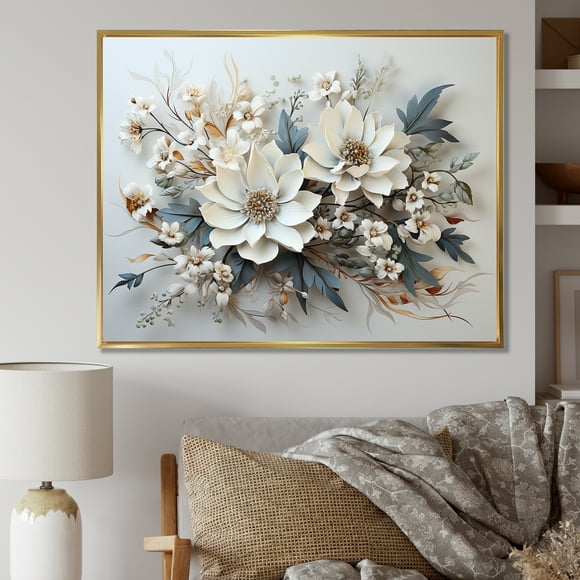 Designart Beige Gold framed wall art, Seasonal Flowers framed wall Art, Wintery Floral Charm , Seasonal Flowers framed wall art decor, 44x34 inches Gold Frame
