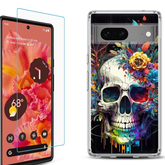 OneToughShield ® for Google Pixel 7a Shockproof Bumper Phone Case, with Tempered Glass Screen Protector - Skull Flower