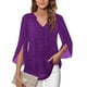 thumbnail image 4 of AUNVITO Women's Party Top V-Neck 3/4 Sleeve with Sparkly Gold Print and Breathable Mesh Elegant and Glamorous Party Style, 4 of 7