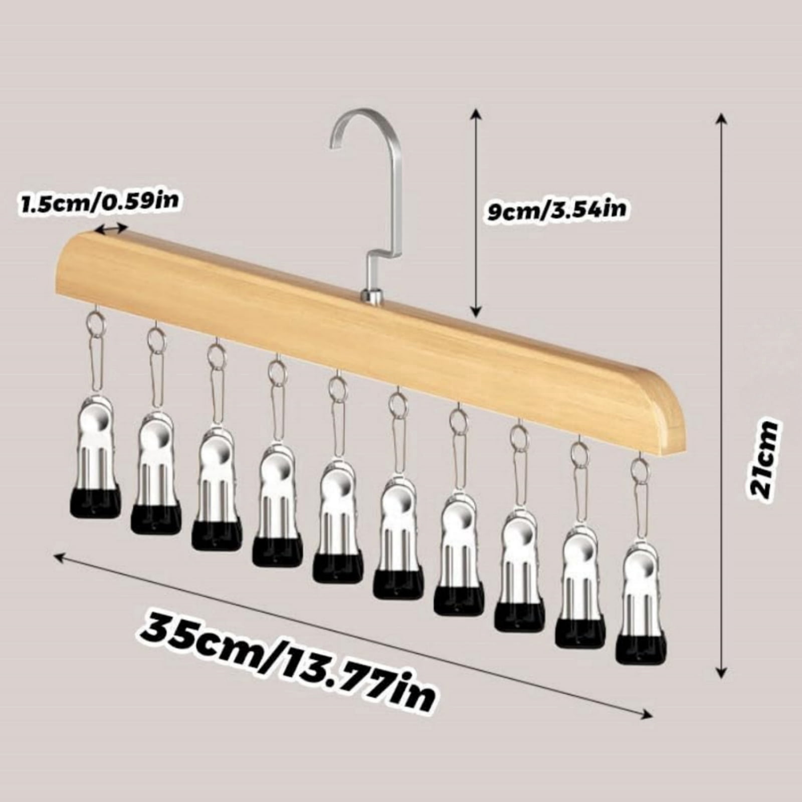 Closet Organizer with 10 Clips, Wooden Hanging Pants and Legging Hanger, 360° Rotating Hook Space Saving Closet Storage for Jeans Scarves Socks