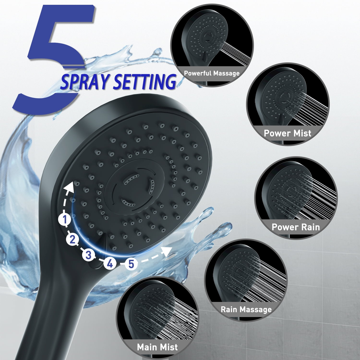 DTIG 12 inch Rain Shower Head, 5-Setting High Pressure Shower Head with Handheld, Shower Bracket and Hose Black