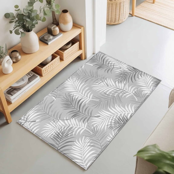 2x3 Ft Entryway Area Rug, Grey Botanical Kitchen Rug Runner Washable Floor Mat, Summer Palm Leaves Foliage Tropical Non Slip Indoor Door Mat Throw Carpet for Bathroom Living Room Bedroom