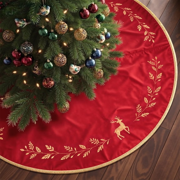 48 Inch Christmas Tree Skirt, Red Velvet Tree Skirts with Gold Trim, Bow Tie Closure Tree Skirt for Christmas Decoration