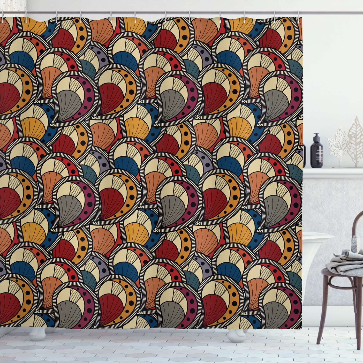 African Shower Curtain, Paisley Motifs with Geometric Design Dots and