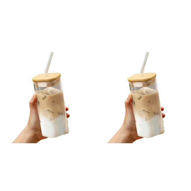 (Lot de 2) Rinsvye Tasse en Verre avec Paille Résistante à la Chaleur, Tasses pour Piscine Extérieure 400 ml, Tasse pour Boisson Froide, Tasse Grand, Tasse à Jus avec Couvercle, Ensemble de Tasses à Marque, Tasse à Lait, Texture en Verre, Tasse Vintage en Verre à Lait, Convient pour Boissons, Café C