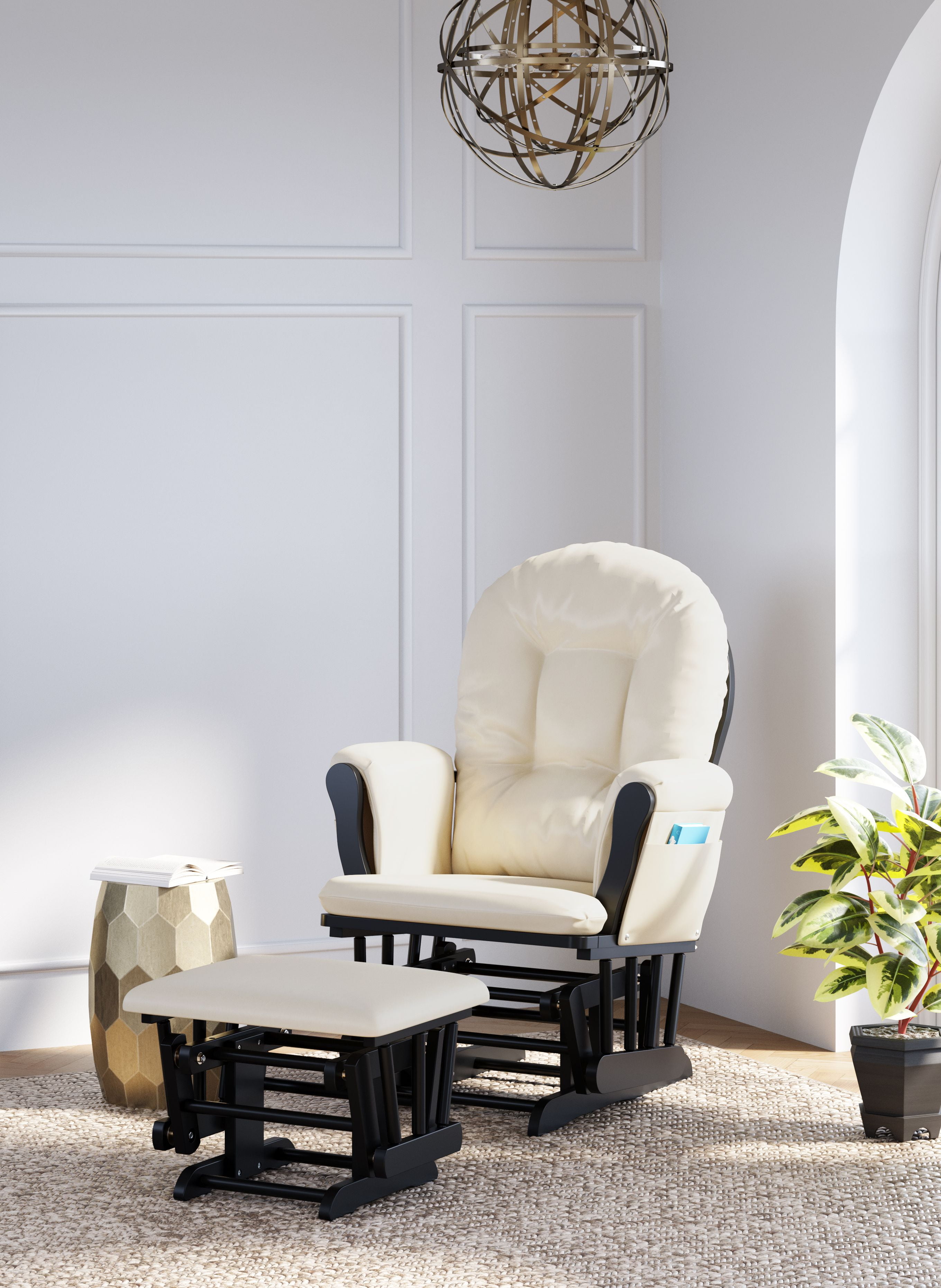 storkcraft bowback glider and ottoman cherry finish and beige cushions
