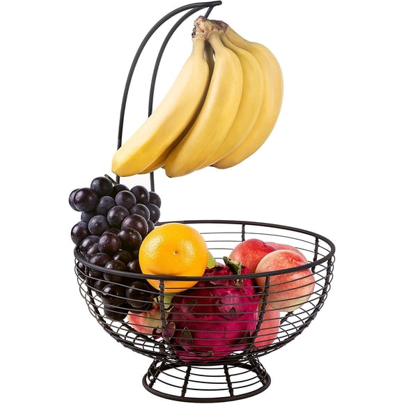 Large Wire Fruit Basket Bowl with Banana Hanger, Detachable Banana Holder Kitchen Storage Baskets Stand - Brown