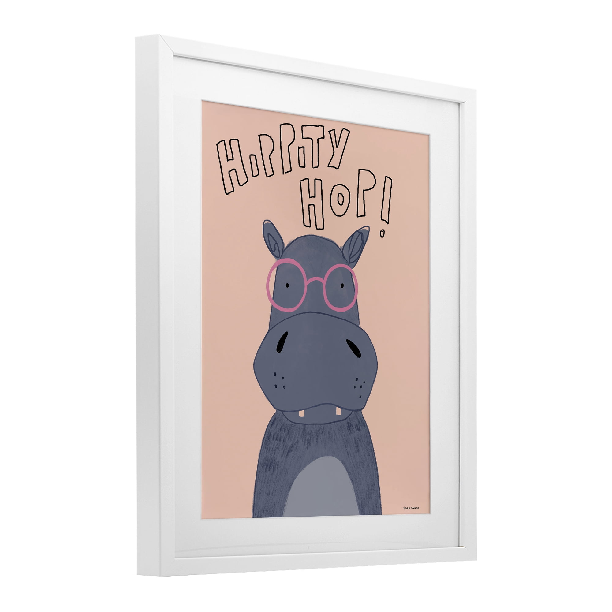 Stupell Industries Hippity Hop Hippo White Framed Print Under Glass, design by Rachel Nieman