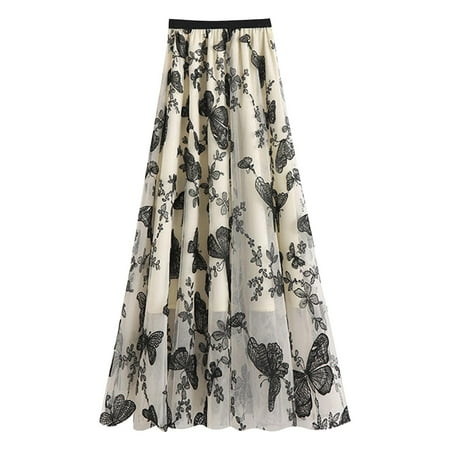 

Charella Women Spring Summer Butterfly Printing Elastic High Waist Long Mesh Skirt Pleate White XL