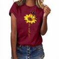 thumbnail image 3 of Blouse Été Manches Courtes T-shirt Tournesol Manches Chemisier Imprimé Col Rond Top, Rouge Vin, S, 3 of 5