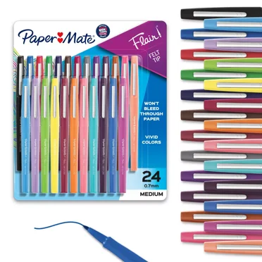 Flair 24pk Felt Pens 0.7mm Medium Tip Multicolored: Art Stationery, Durable Quick Drying, Pocket Clip