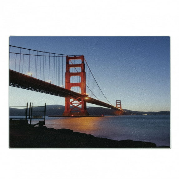 Cityscape Cutting Board, San Francisco Bridge USA City View Golden Gate Traveling Destination, Decorative Tempered Glass Cutting and Serving Board, Small Size, Orange Violet Blue, by Ambesonne