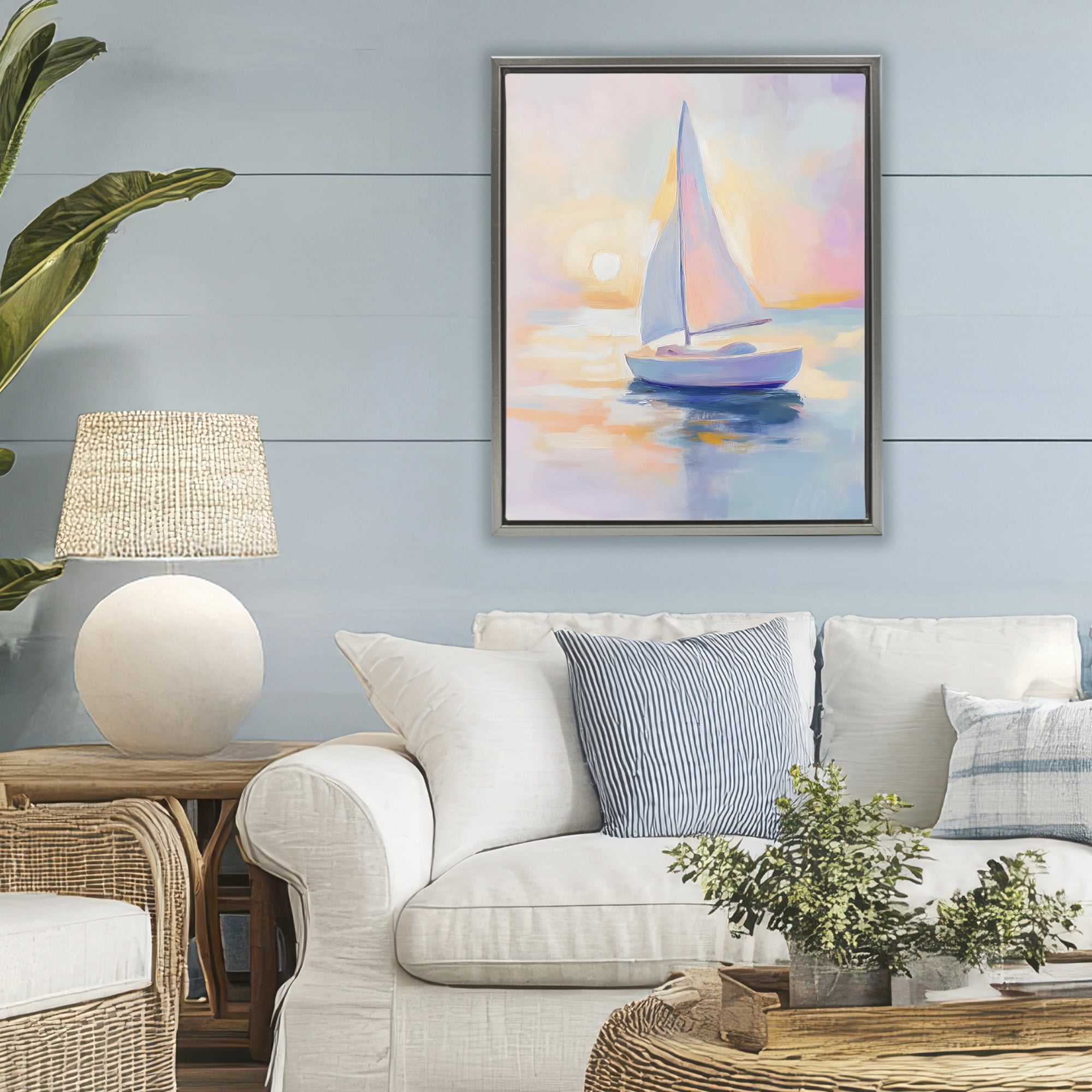 Stupell Industries Pastel Sailboat Toward Pink Horizon Gray Framed Floater Canvas Wall Art, design by The Prints Vibe