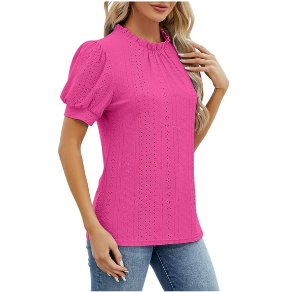 CALAFEBILA Woman T Shirts Brethable Women Blouses,Women Fashion Solid Color Blouse Summer Puff Sleeve Crew Neck Women Tops