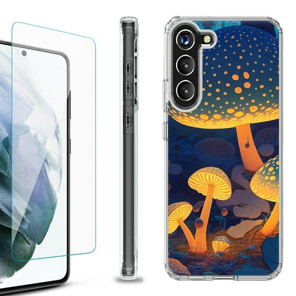 OneToughShield ® for Samsung Galaxy S23  S23 Plus 5G Shockproof Bumper Phone Case, with Tempered Glass Screen Protector - Glowing Mushroom