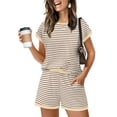thumbnail image 3 of 2 Piece Sets for Women Summer Outfits Cute Stripe T Shirts Shorts Matching Lounge Set Brown L, 3 of 5