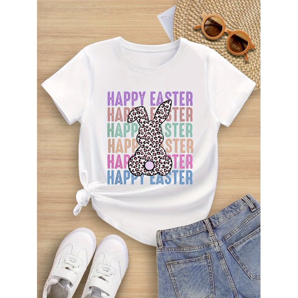 Happy Easter" Leopard Bunny Print Girls' T-Shirt - Soft, Stretchy & Comfortable Crew Neck Short Sleeve Top in White, Perfect for Casual Outdoor Fun, Machine Washable, Ages 7-14