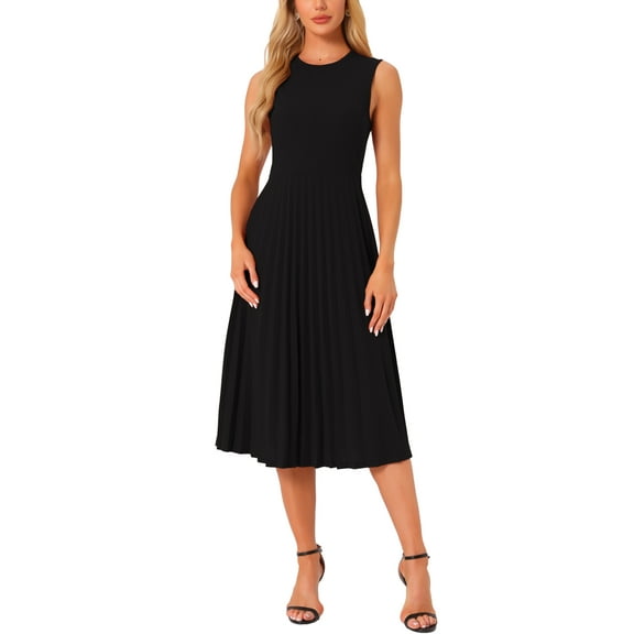 INSPIRE CHIC Women's Sleeveless Pleated Ruffle Hem Crew Neck Tank Knitted Elegant Midi Dress XS Black
