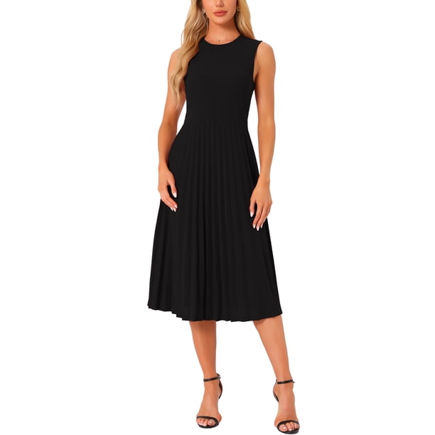 Vestido midi elegante de punto sin mangas con pliegues y dobladillo con volantes para mujer INSPIRE CHIC, talla XS, color negro