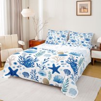 Feelyou Starfish Seashell Bed Sheets, Blue Ocean Coral King Sheets, 4pcs