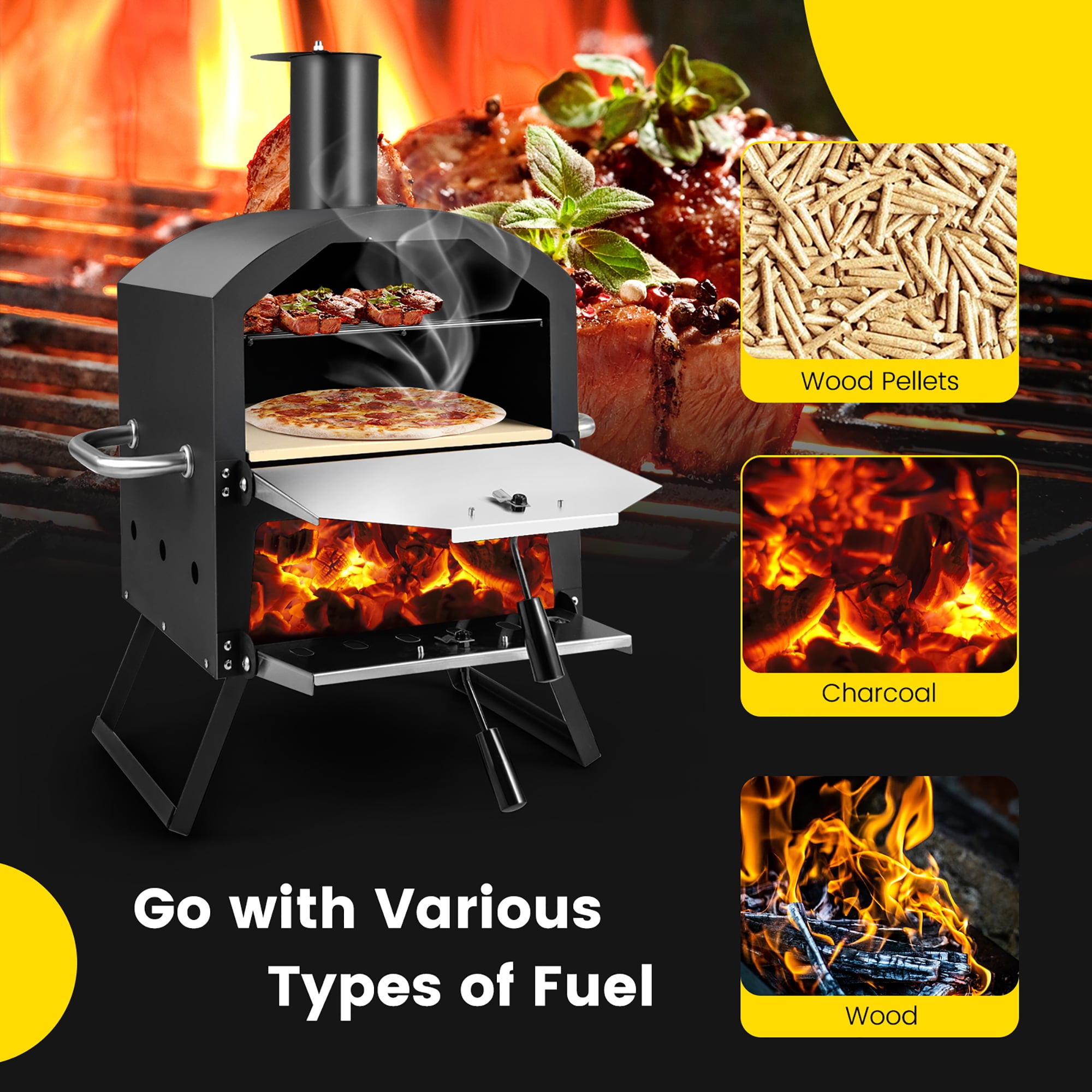 Costway 2-Layer Pizza Oven Wood Fired Pizza Grill Outside Pizza Maker with Waterproof Cover