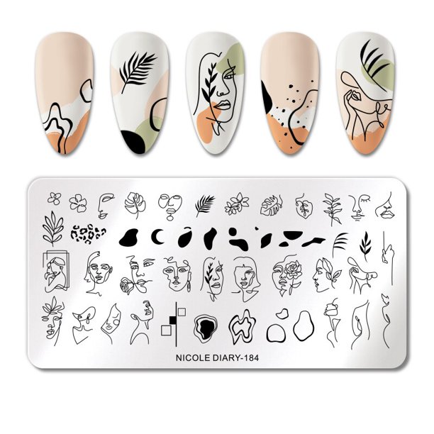 NICOLE DIARY French Line Flower Nail Stamping Plates Mujeres abstractas Face Snake Pattern Nail Art Stamp Stencil Herramientas de impresión Tan Jianjun unisex