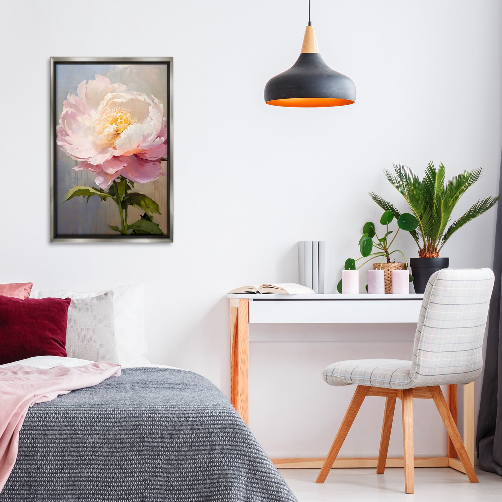 Stupell Industries Pink Rose in Bloom Botanical & Floral Painting Gray Floater Framed Art Print Wall Art, 21 x 31