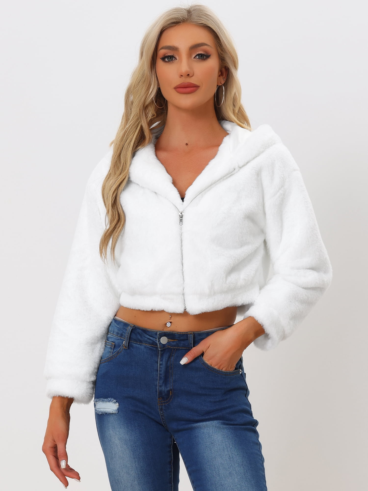DARING DIVA Women's Faux Fur Zip Up Casual Fuzzy Hooded Crop Jacket XL White