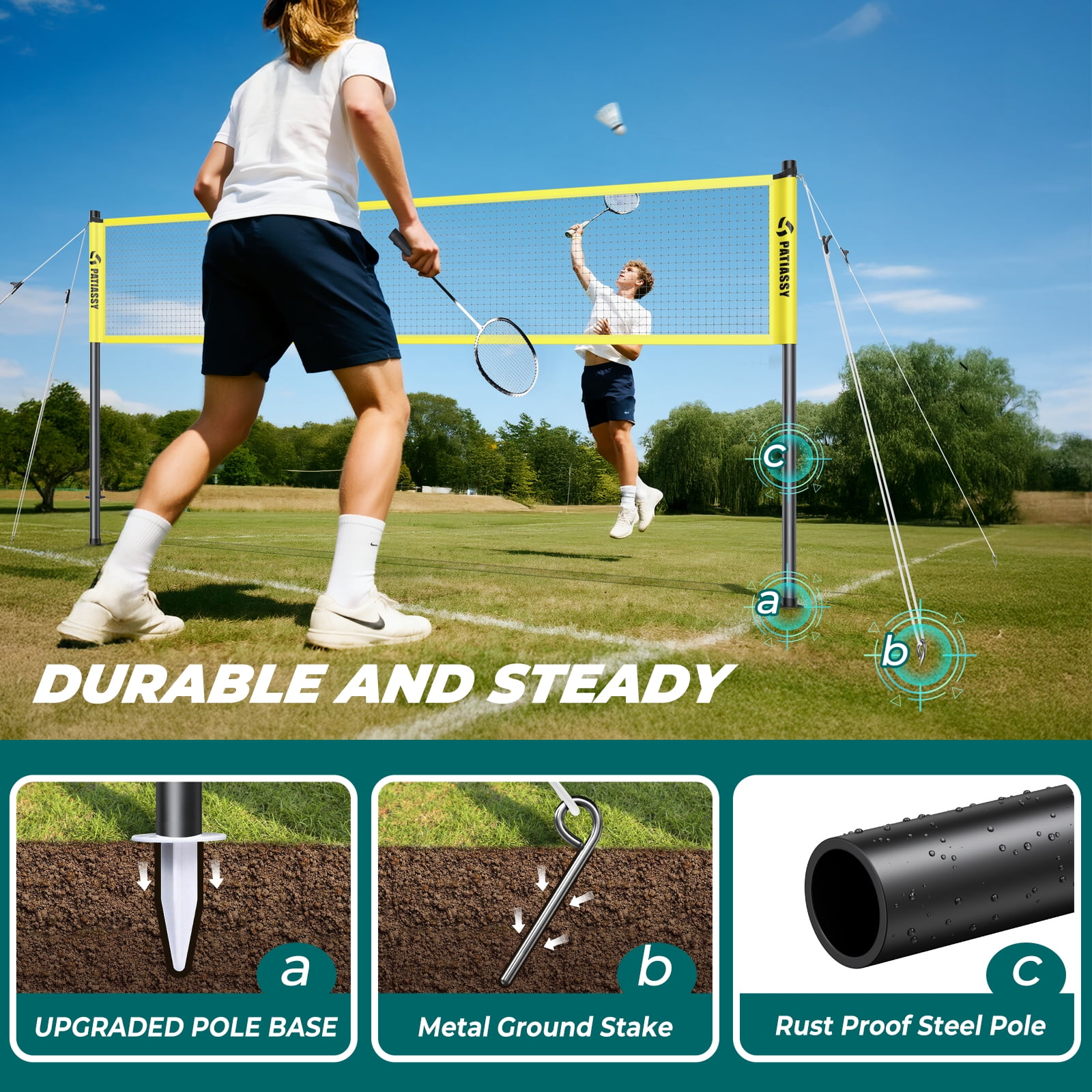 Patiassy Badminton Set with Grip Handle Portable Net 4 Rackets, Shuttlecocks, and Carrying Bag