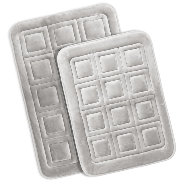 Clara Clark Bathroom Rugs, Velvet Memory Foam Bath Mat, Ultra Soft Non Slip and Absorbent - Waffled - Set of 2 - Silver