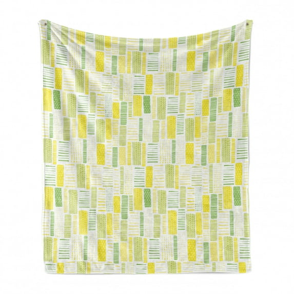 Abstract Soft Flannel Fleece Blanket, Illustration of Rhythmic and Geometric Pastel Tones Demonstration, Cozy Plush for Indoor and Outdoor Use, 50" x 60", White Yellow and Lime Green, by Ambesonne