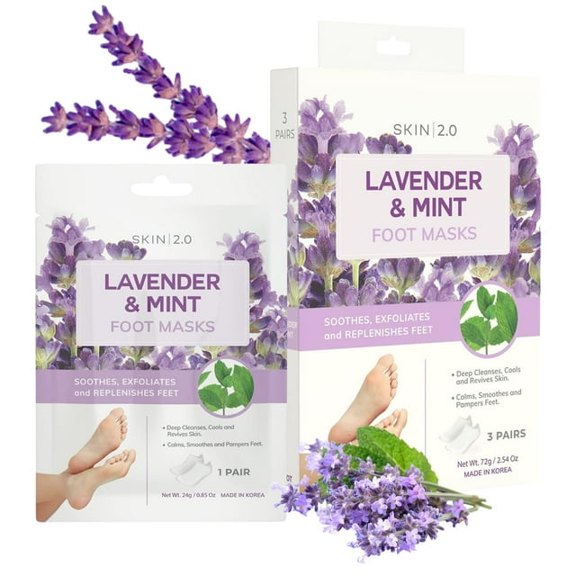 Skin 2.0 Mascarillas para pies de lavanda y menta Calcetines hidratantes - Alivia los pies hinchados y doloridos Elimina olores no deseados Mascarilla relajante para pies - Cuidado de la piel coreano
