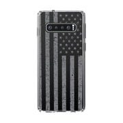 DistinctInk Clear Shockproof Hybrid Case for Samsung Galaxy S10 (6.1" Screen) - TPU Bumper, Acrylic Back, Tempered Glass Screen Protector - Weathered Grey US Flag