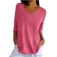 thumbnail image 2 of SDNall Knit Tops for Women Solid Color Spring/Summer Knitted V-Neck Medium Sleeve Casual Top Womens Blouse, 2 of 9
