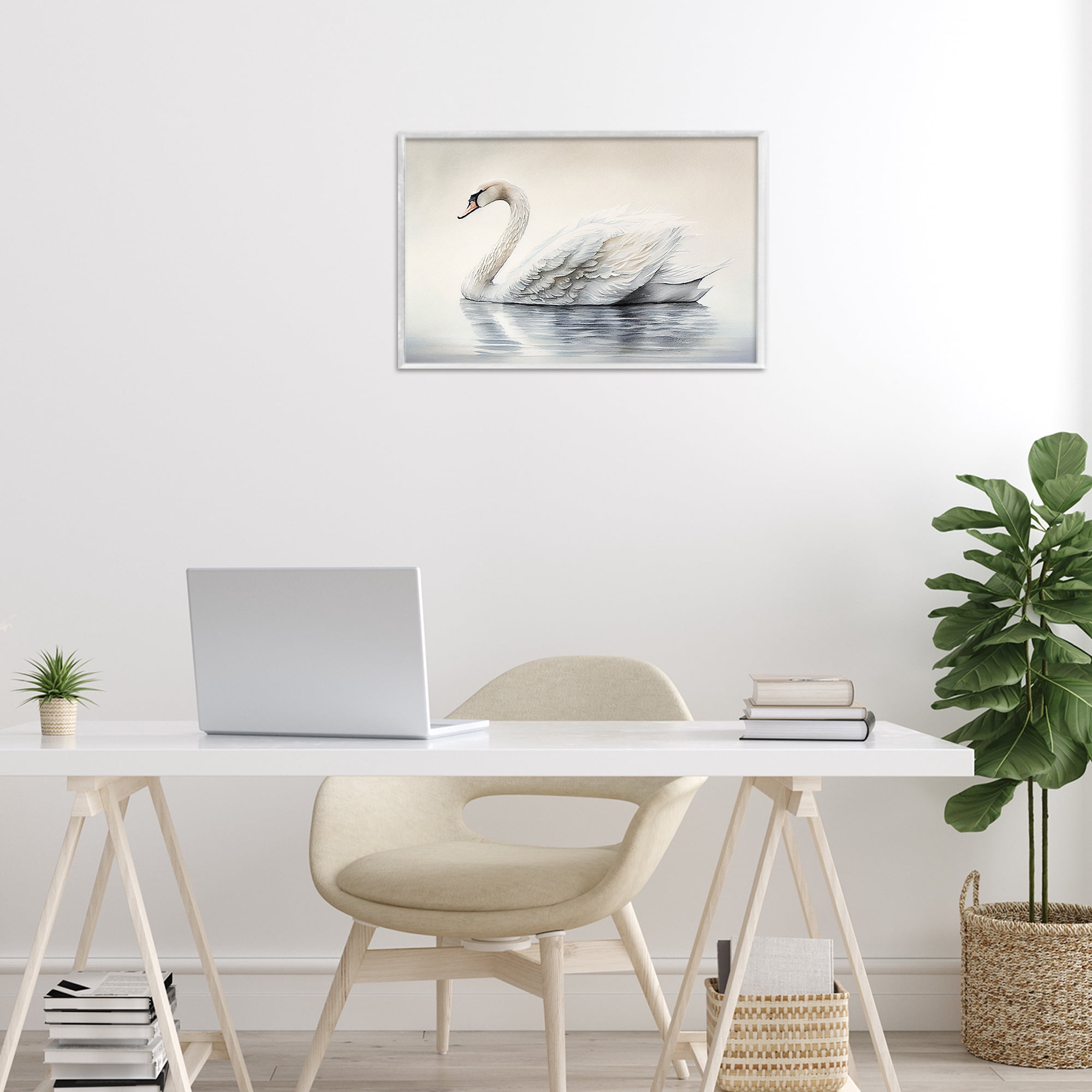 Elegant Floating Swan White Framed Giclee Art, design by Sasha