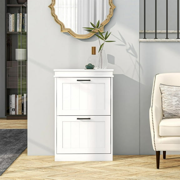 Demi Bonn 32" Shoe Storage Cabinet with 2 Flip Drawers for 10 Pairs, Compact Organizer for Entryways & Hallways, White