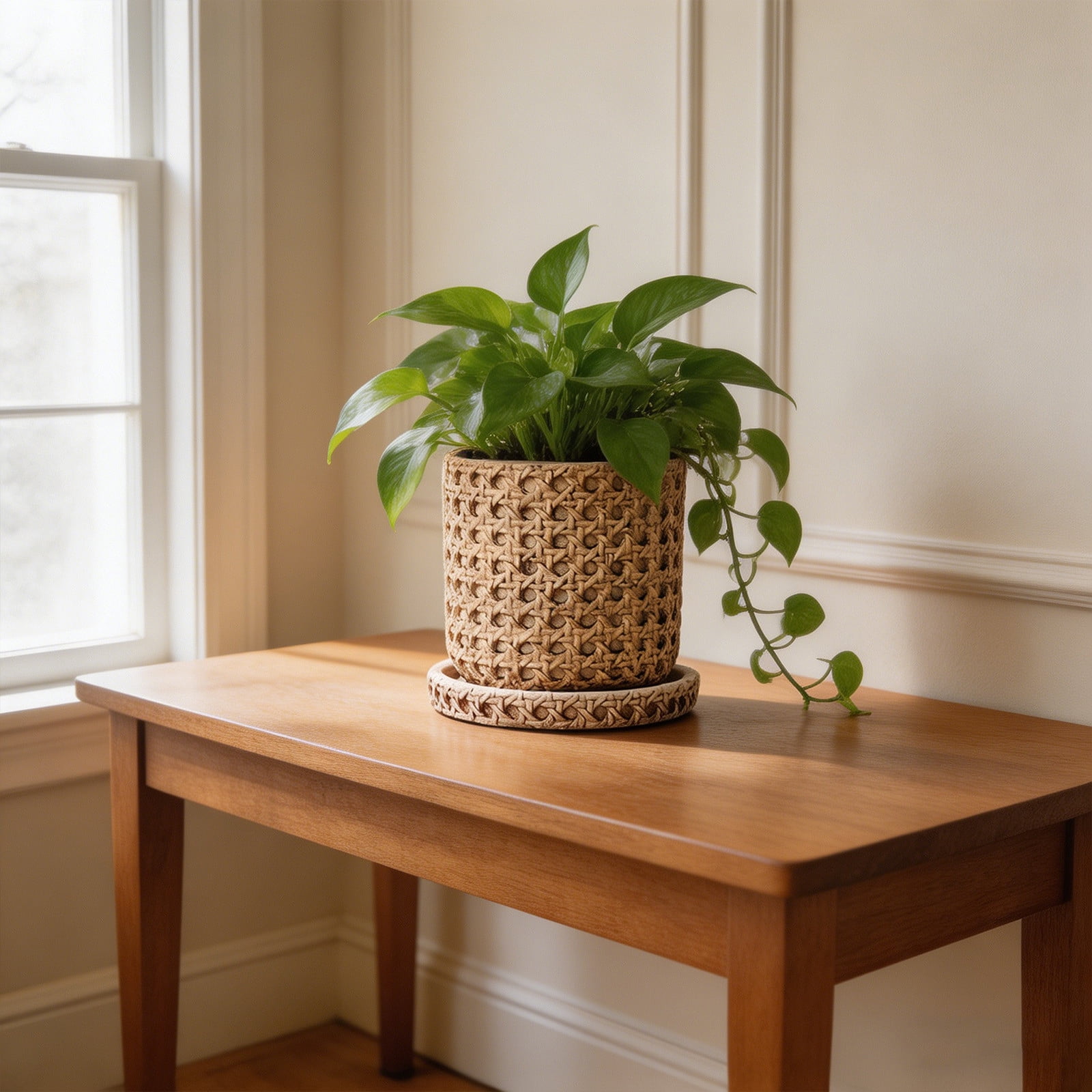 Cement Stone Planter Pot Saucer, Rattan Woven Pattern Flower Container, Indoor Outdoor Home Garden Decor, Durable Heavy Duty Plant Pot Vase, Functional Drainage Gardening Holder