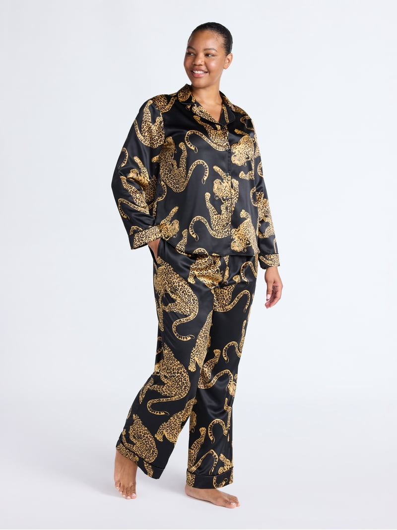 Joyspun Women's Stretch Satin Notch Long Sleeve Top and Pants