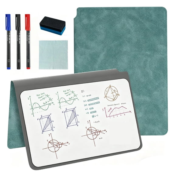 Portable Dry Erase Board, Reusable Whiteboard Notebook, A5 Double-Sided White Board PU Cover with 3 Fine Markers,Wipe Set