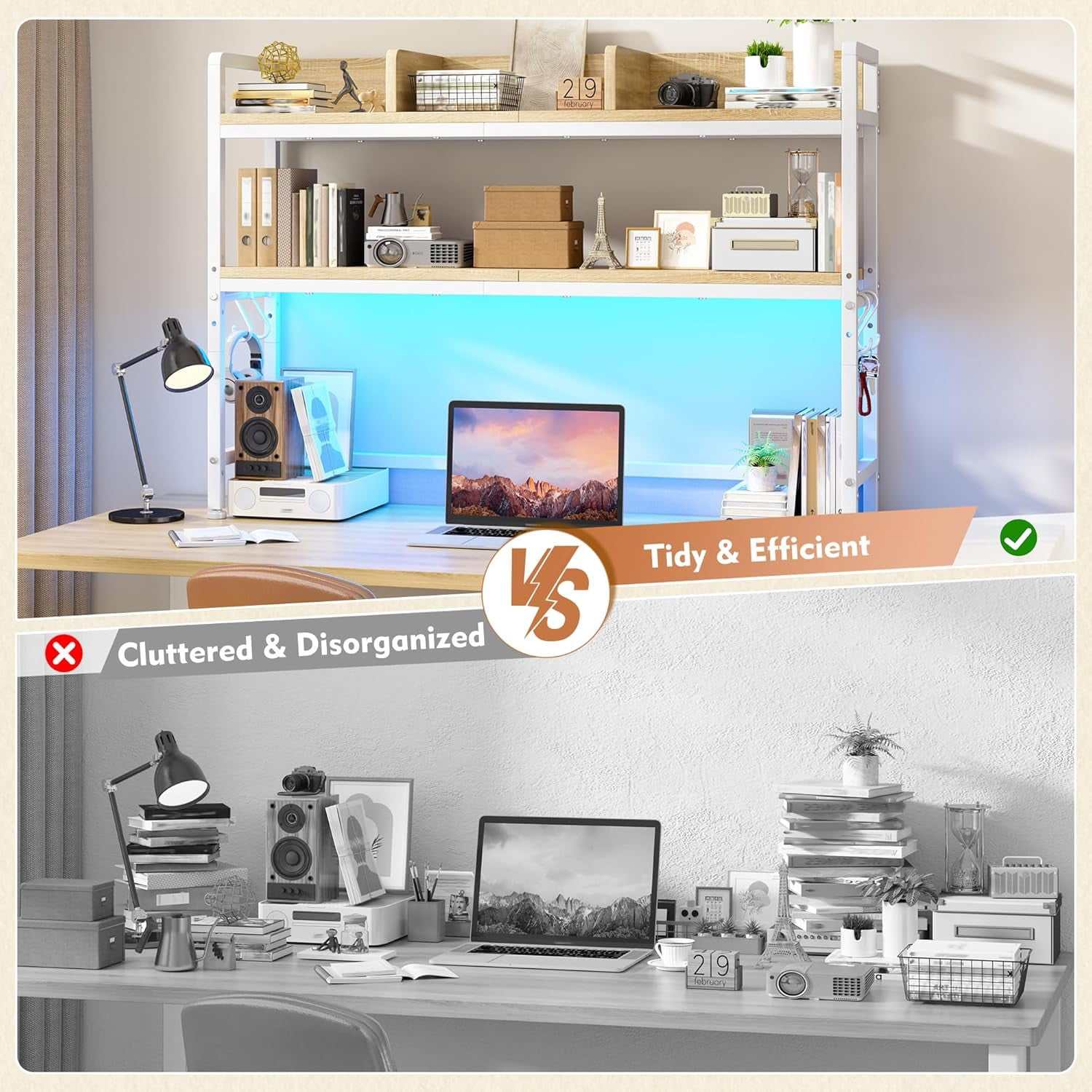 ZYPPP 45.2" Desk Shelf，2-Tier Adjustable Multipurpose Solid Wood Desktop Hutch Shelf，Countertop Storage Organizer Rack with 3 Desktop Display Rack for Dorm,Office Home,White