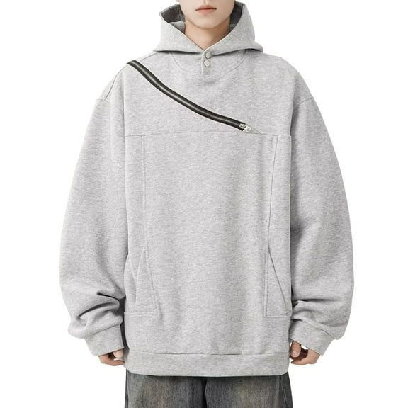KHONTS Men's Side Zip Pullover Hoodies Long Sleeve Drop Shoulder Sweatshirt Casual Fashion 20s Streetwear Grey XL