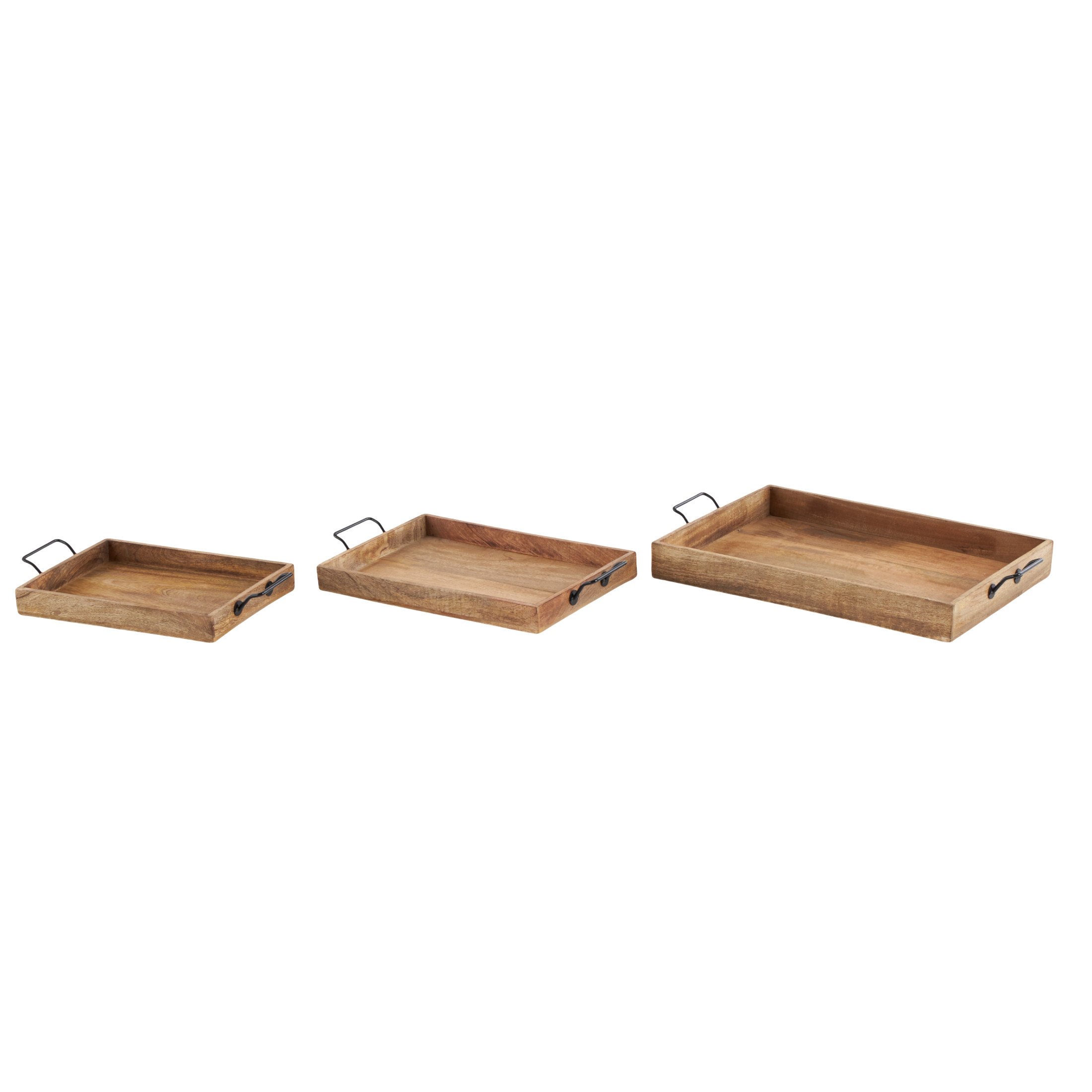 DecMode 17", 20", 24"W Brown Mango Wood Rectangular Tray with Black Metal Handles, 3-Pieces
