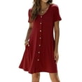 thumbnail image 4 of HUBERY Women Button Down V Neck Short Sleeve Pockets Solid Color Midi Dress, 4 of 6