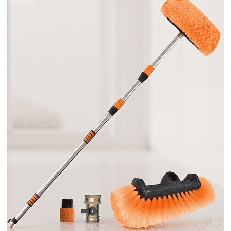 1 Kit 20 Ft Reach Car Wash Brush Set, 12-Inch Soft Bristle Telescoping Long Handle with Flow-Through Hose Adapter for Car, RV, Truck, Orange