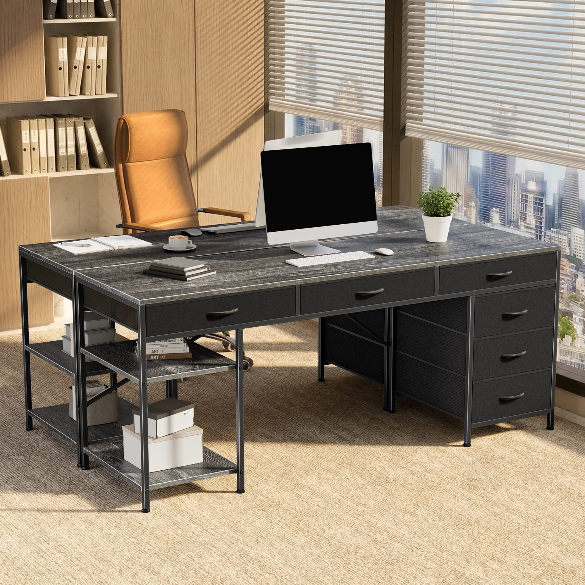 Amadwell 54" Desk with Drawers & Storage, Office Desk with Reversible Shelves, Gaming Computer Desk, Grey