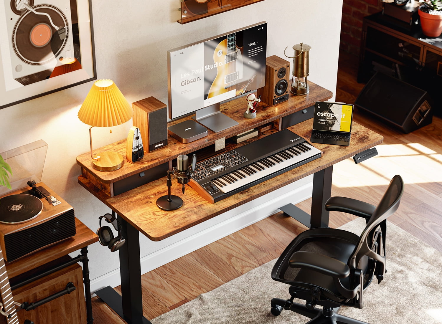 DESINO 40" x 24" Height Adjustable Electric Standing Desk with Double Drawers, Stand Up Desk with Storage Shelf, Home Office Desk Workstation with Splice Board, Rustic Brown