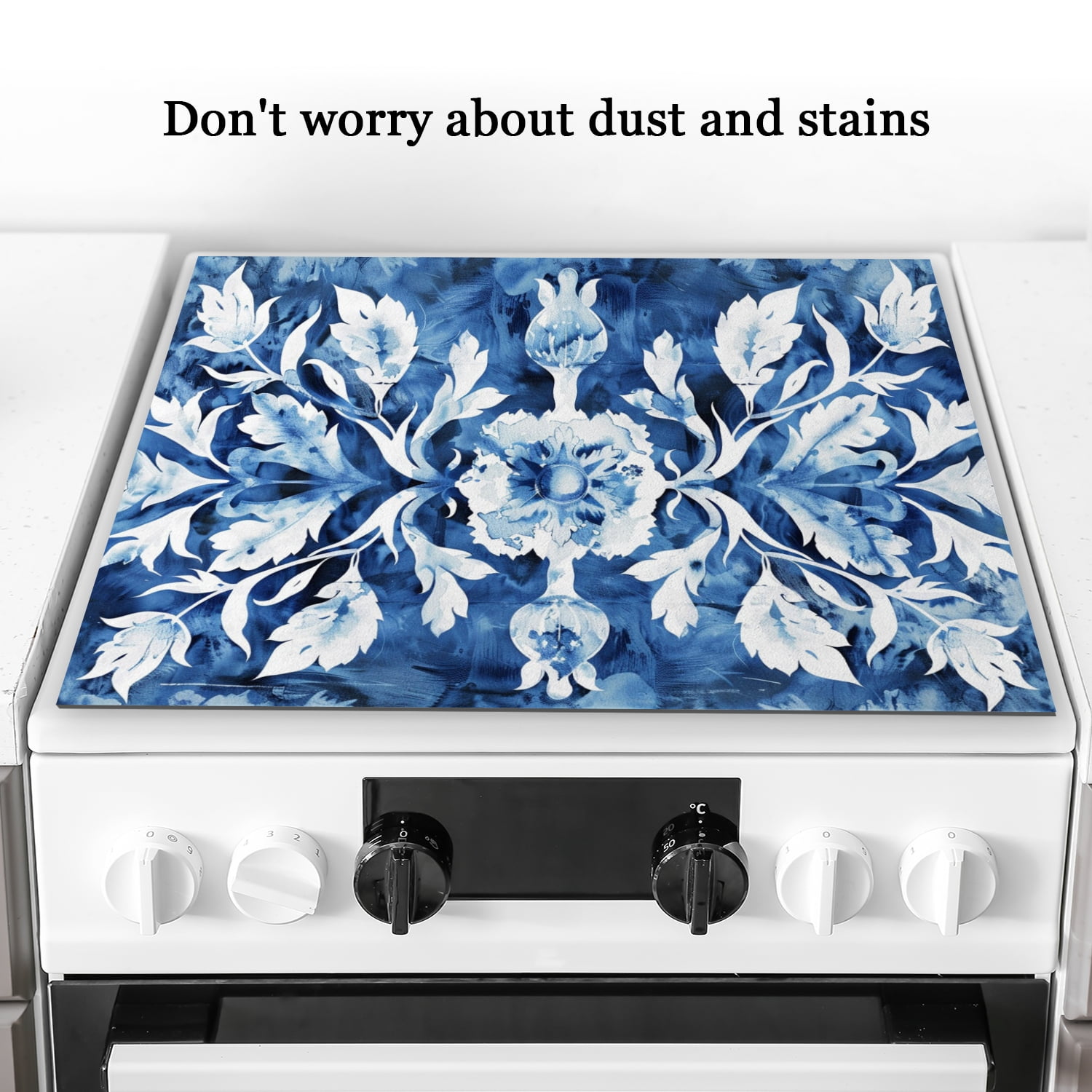 Foldable Cover for Stove Top Electric Flat Top, Elegant Blue And White Floral Pattern Non-slip Stovetop Induction Protector, Square Stove Burner Covers Mat for Kitchen RV (28×20 Inch)